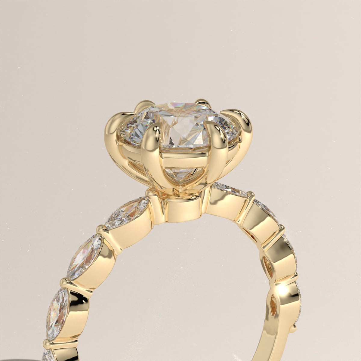 2ct Round Lab-Grown Diamond Engagement Ring with Marquise Diamond Band – Olive