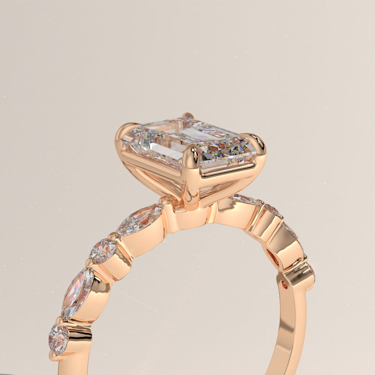 2ct Emerald Cut Lab-Grown Diamond Engagement Ring with Marquise & Round Side Stones – Ariel