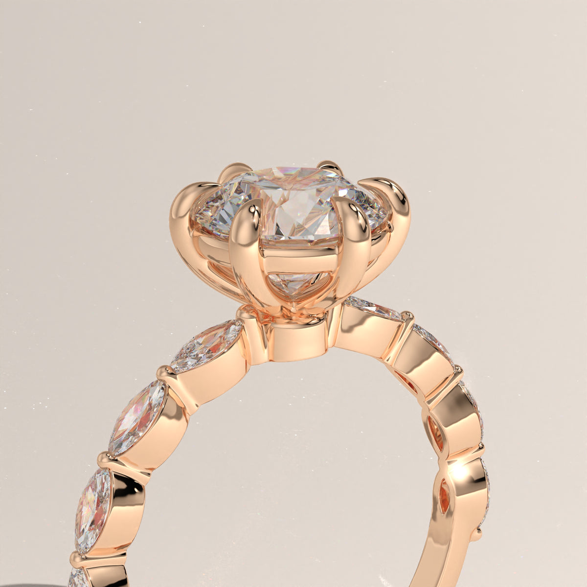2ct Round Lab-Grown Diamond Engagement Ring with Marquise Diamond Band – Olive