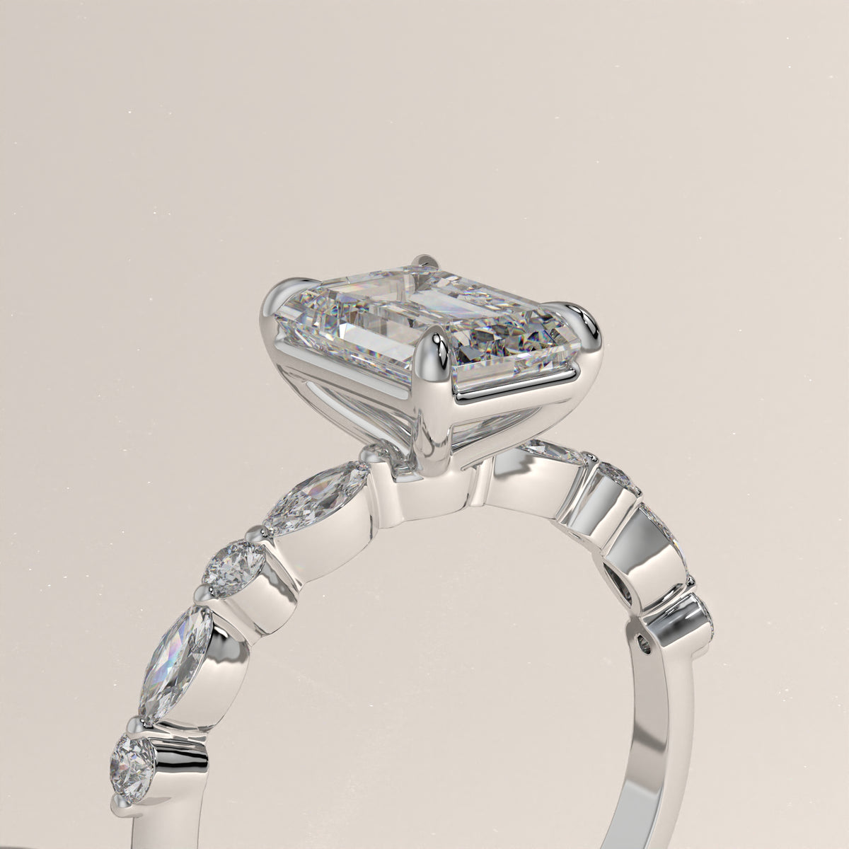 2ct Emerald Cut Lab-Grown Diamond Engagement Ring with Marquise & Round Side Stones – Ariel