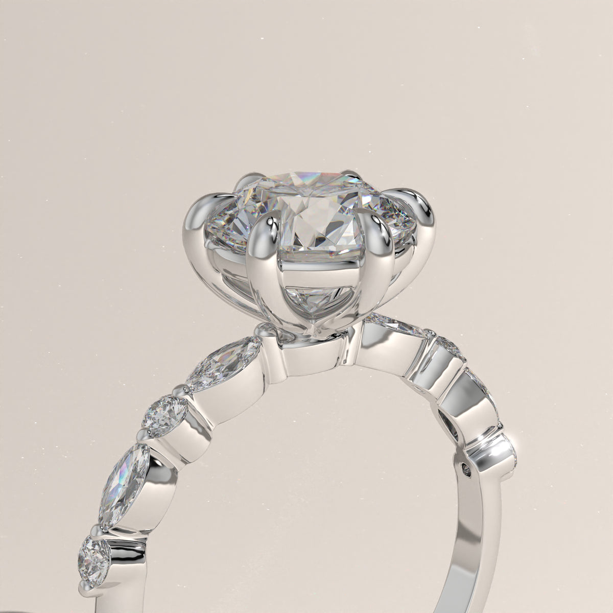 2ct Round Lab-Grown Diamond Engagement Ring with Marquise & Round Side Stones – Ayla