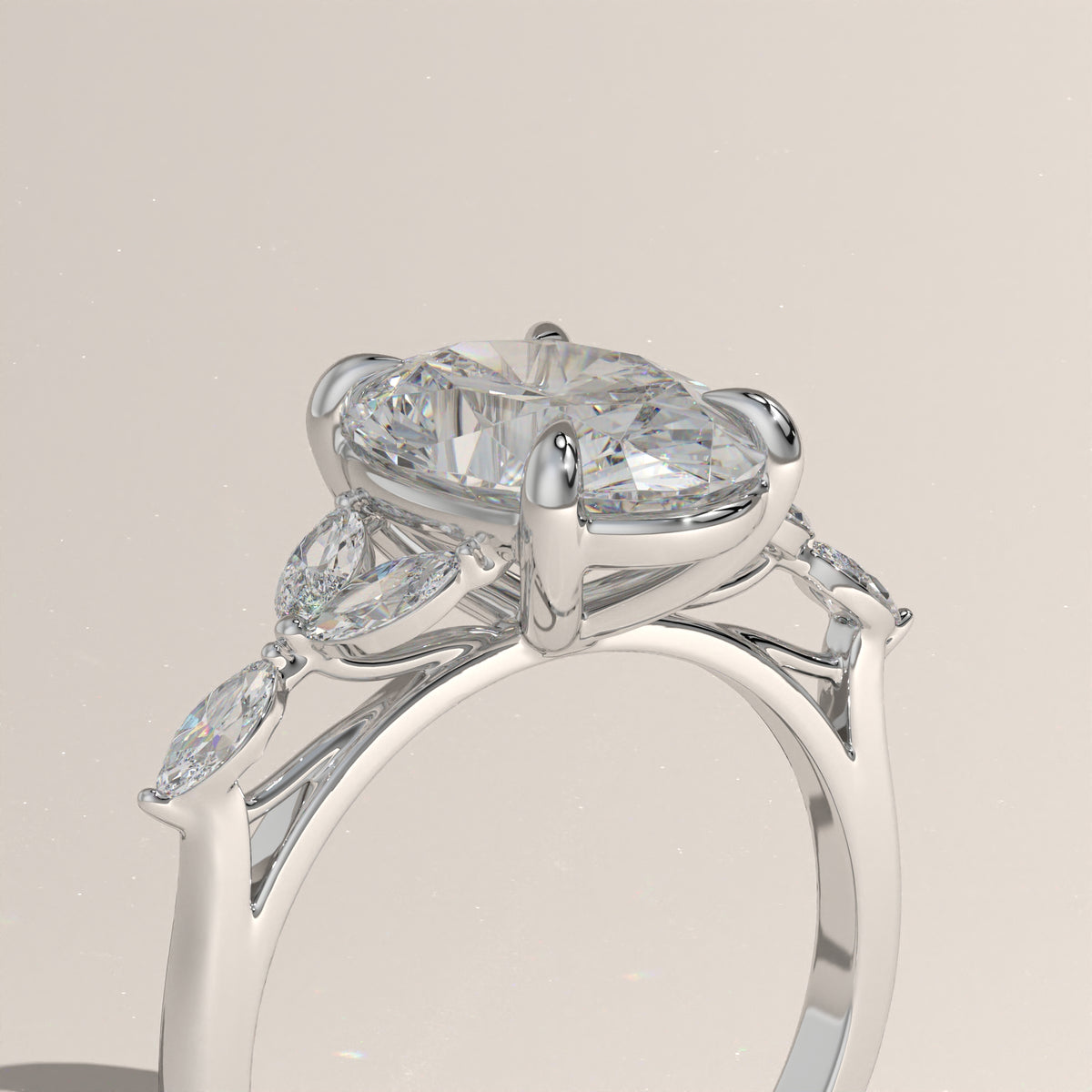 3.19ct Oval Lab-Grown Diamond Engagement Ring with Marquise Side Stones – Maria