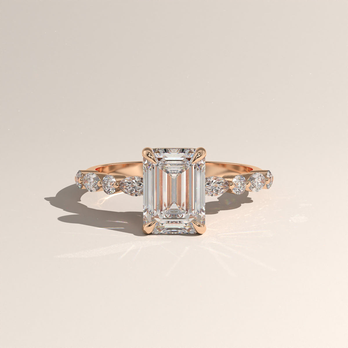 2ct Emerald Cut Lab-Grown Diamond Engagement Ring with Marquise & Round Side Stones – Ariel