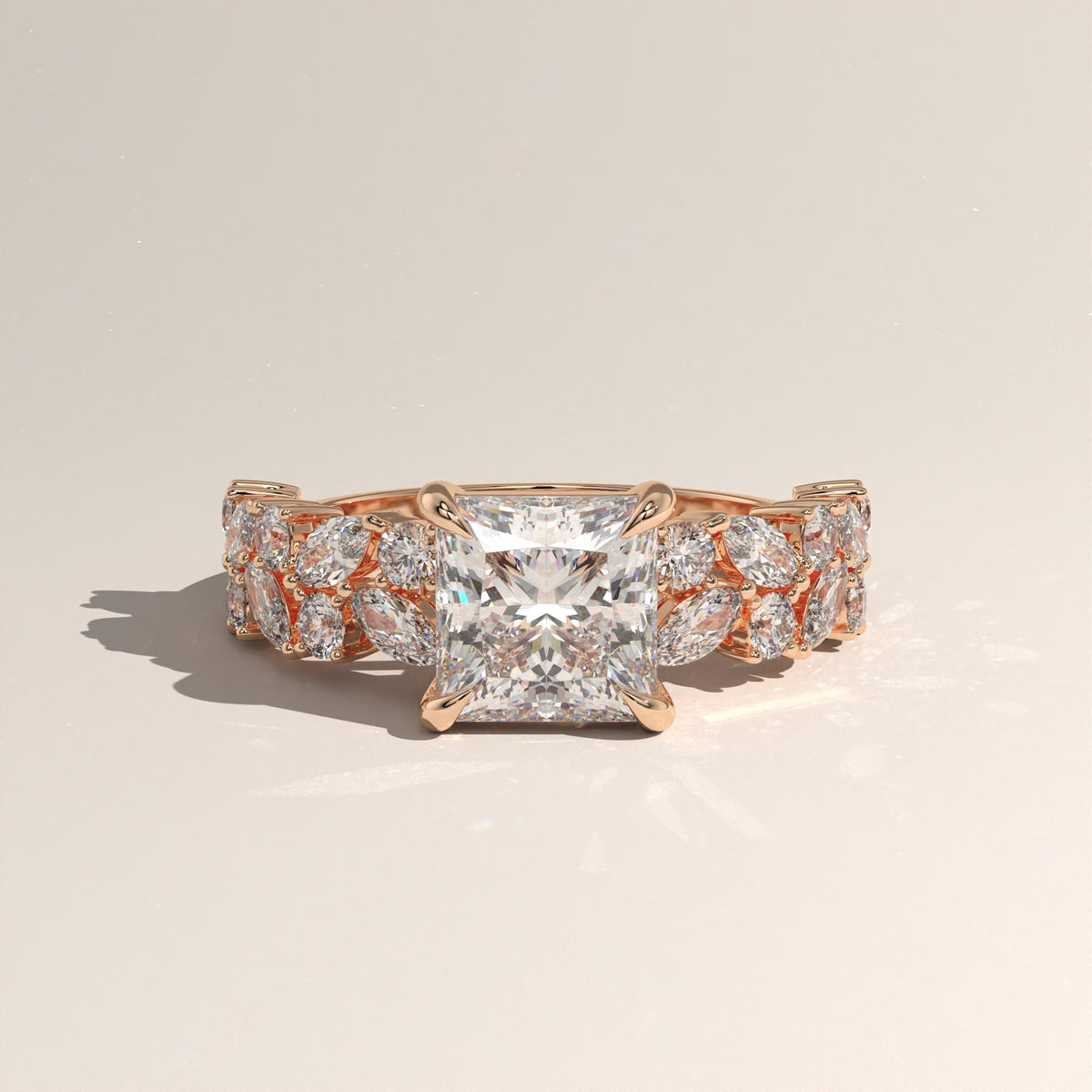 2.51ct Princess Cut Lab-Grown Diamond Engagement Ring with Marquise & Round Side Stones – Vienna