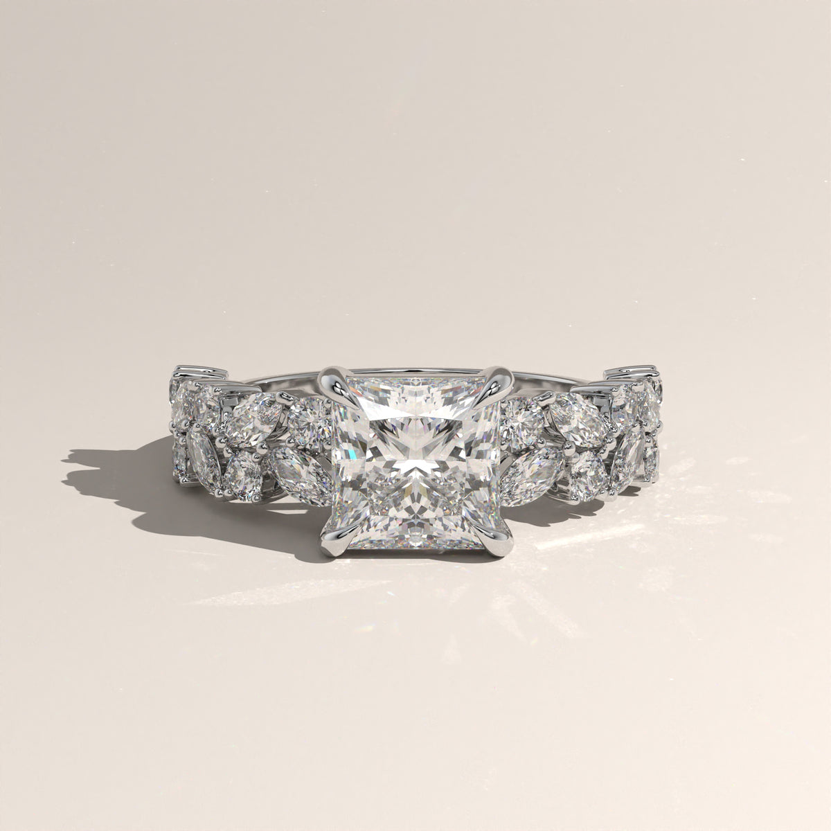 2.51ct Princess Cut Lab-Grown Diamond Engagement Ring with Marquise & Round Side Stones – Vienna