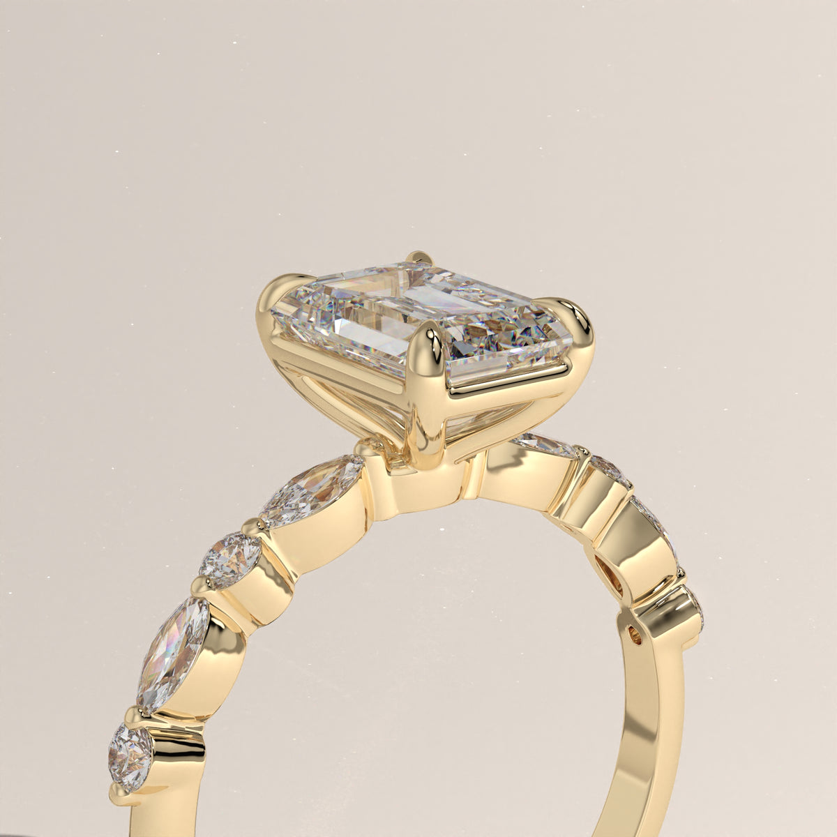 2ct Emerald Cut Lab-Grown Diamond Engagement Ring with Marquise & Round Side Stones – Ariel