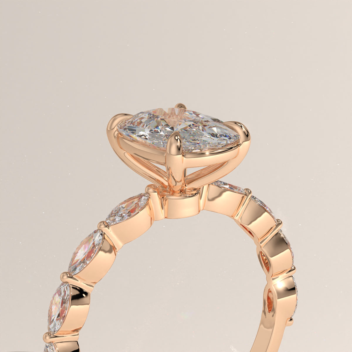 3ct Cushion Cut Lab-Grown Diamond Engagement Ring with Marquise Diamond Band – Fern