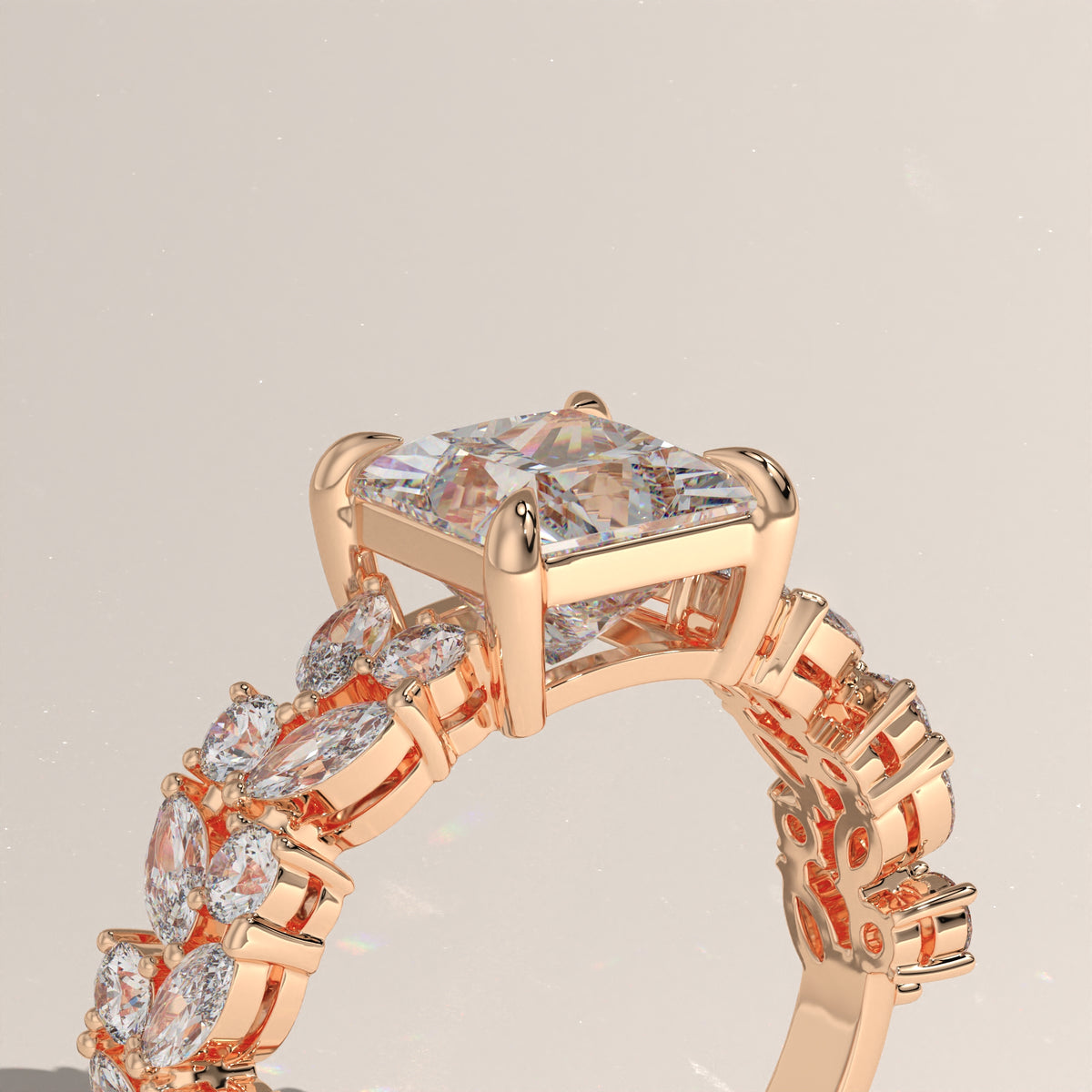 2.51ct Princess Cut Lab-Grown Diamond Engagement Ring with Marquise & Round Side Stones – Vienna