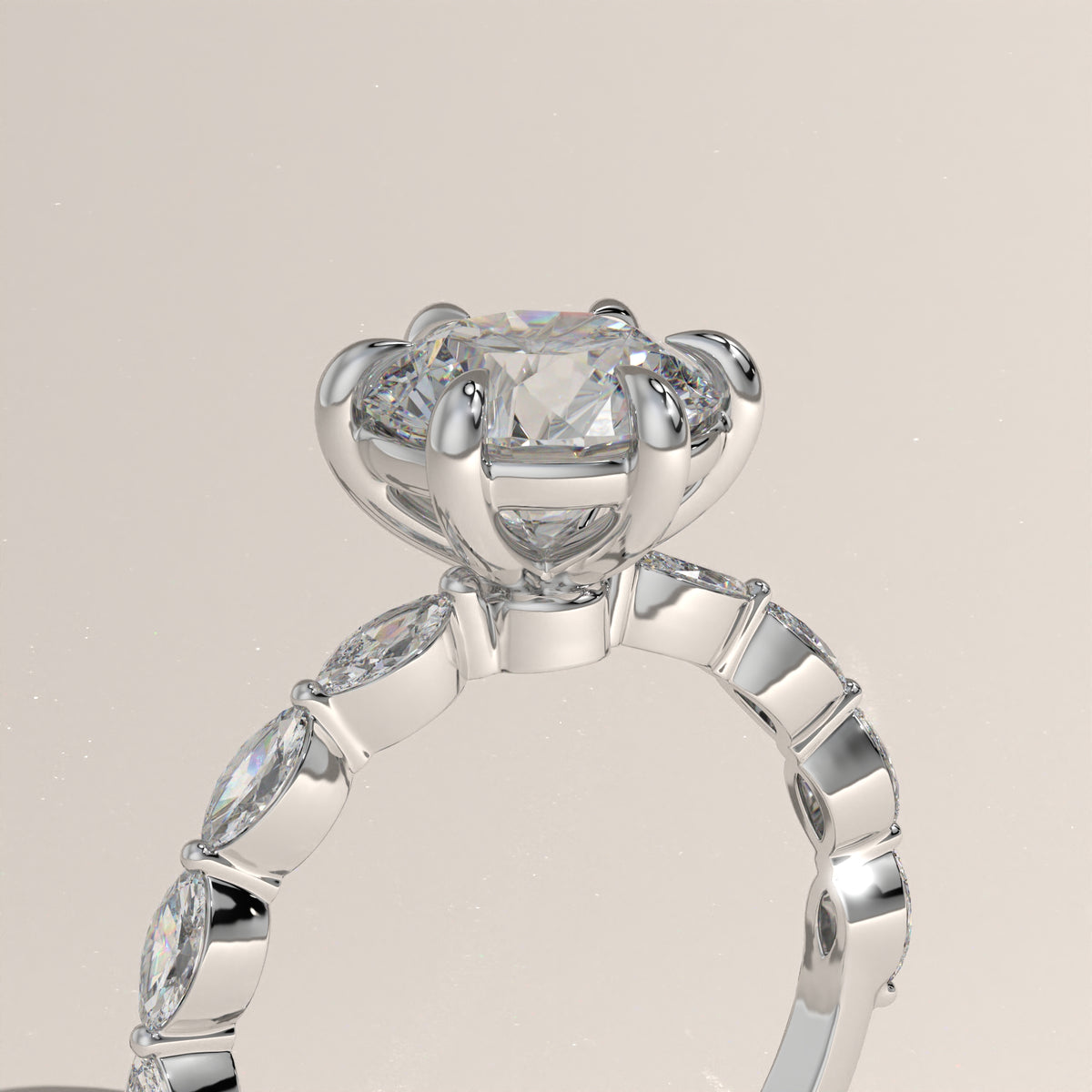 2ct Round Lab-Grown Diamond Engagement Ring with Marquise Diamond Band – Olive