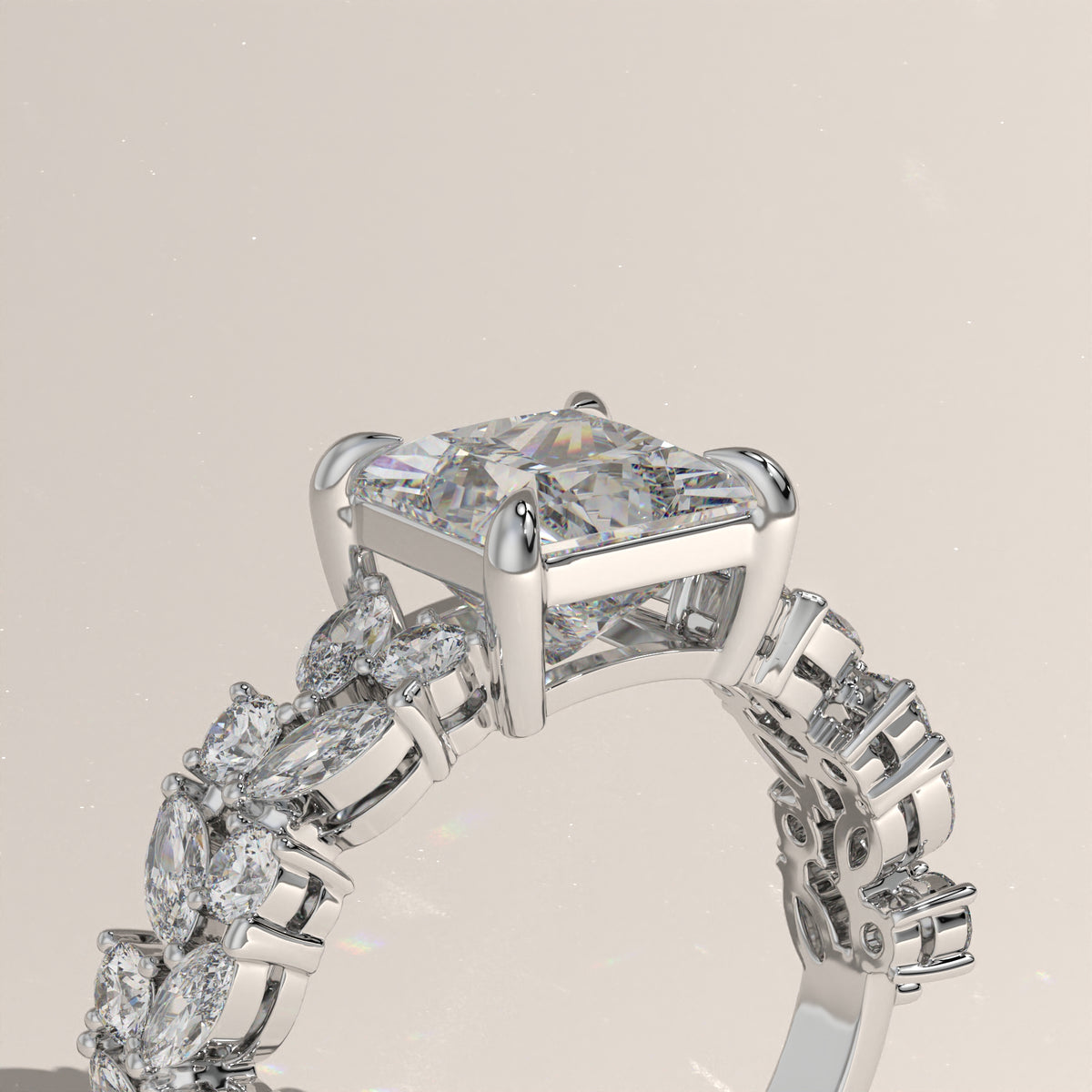 2.51ct Princess Cut Lab-Grown Diamond Engagement Ring with Marquise & Round Side Stones – Vienna