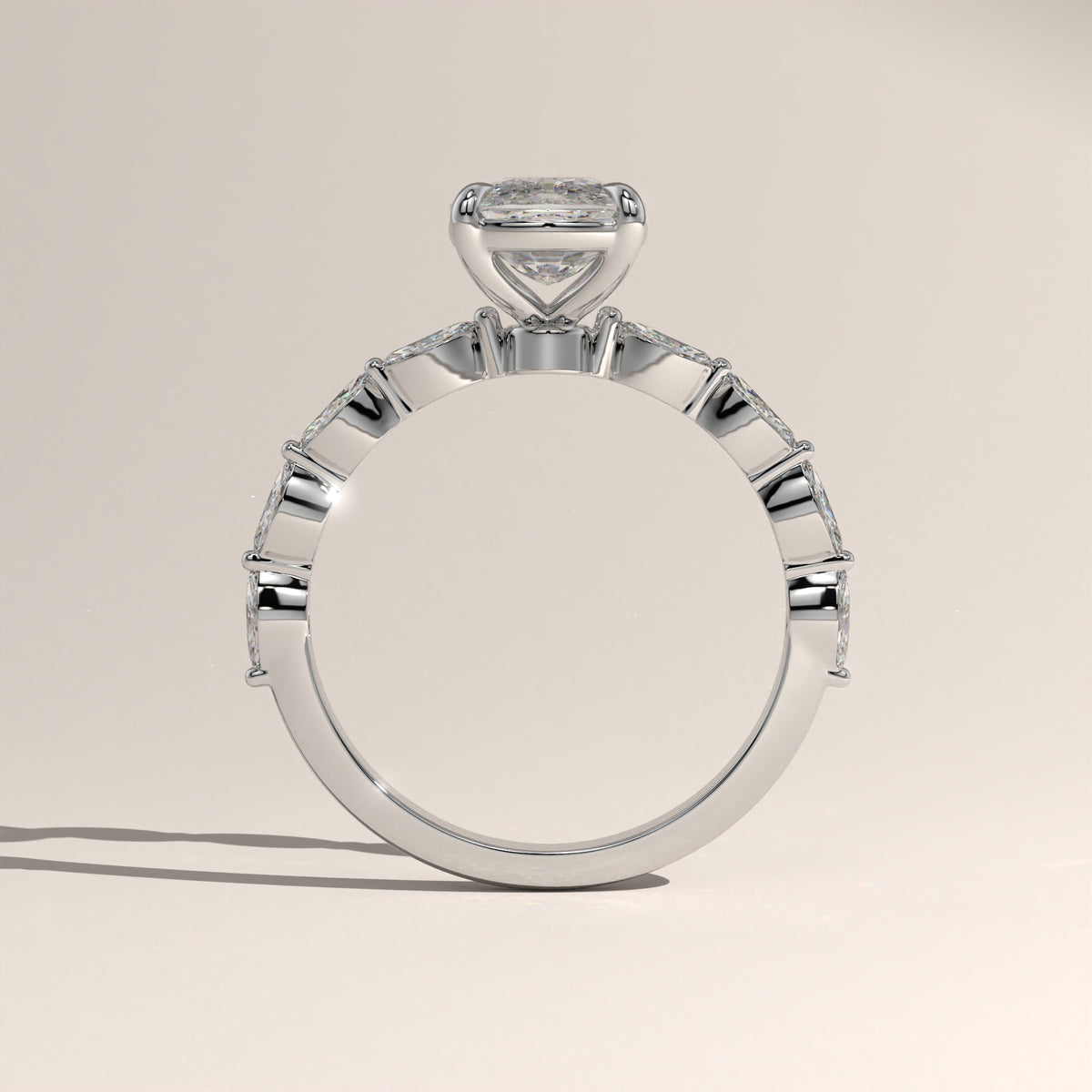 3ct Cushion Cut Lab-Grown Diamond Engagement Ring with Marquise Diamond Band – Fern